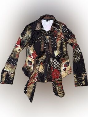 E76 Boho Chic Brown and Black Printed Button-Up Shirt, Size L